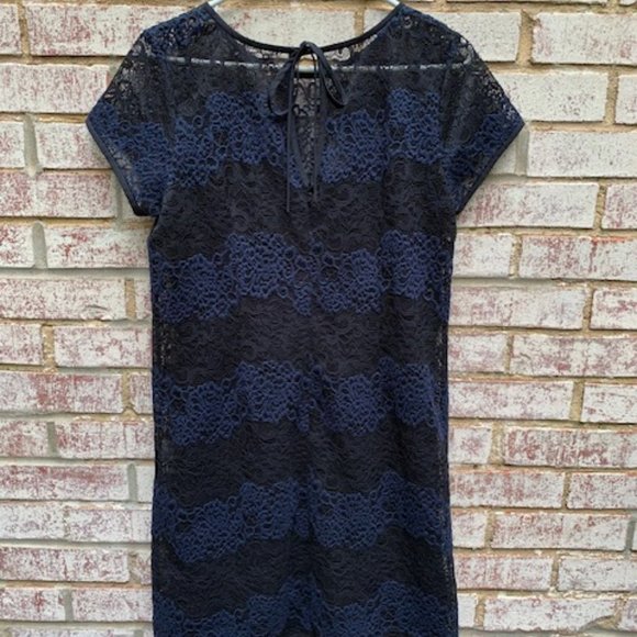 Ann Taylor Loft Black Navy Blue Striped Lace Sheer Shift Dress Sz 8 -NWT - Picture 7 of 14